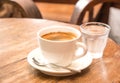 Coffee,White Coffee Mug,Glass water,Wooden table. Royalty Free Stock Photo