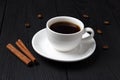 Coffee in a white cup with cinnamon sticks on a black background Royalty Free Stock Photo