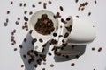 Coffee in white cups.Traditional morning drink. coffee mug.white ceramic cups and falling coffee beans.coffee