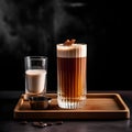 Coffee wiht Milk in trendy Tall corrugated Glass on a wooden serving tray on Dark Background with smoke puffs. Invirogatong coffee