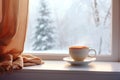 Coffee on the window sill, a cozy winter scene