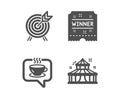 Coffee, Winner ticket and Archery icons. Circus sign. Cafe, Carousels award, Attraction park. Vector
