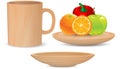 Coffee wood cup,wood dish and fruit on wood tray vector Royalty Free Stock Photo