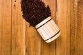 Coffee wooden barrel, roasted coffee beans on wooden background, coffee wooden jar top view, copy space for text, close up coffee Royalty Free Stock Photo