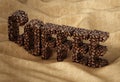 Coffee word consisting of roasted coffee beans standing on sack texture. 3D illustration