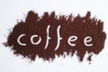 Coffee word written on ground coffee layer, white background