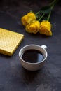 Coffee, yellow roses and gift box for valentine day Royalty Free Stock Photo