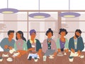 Coffeehouse or cafe scene with people drinking coffee flat vector illustration