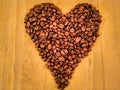 Coffee Beans In The Shape Of A HeartOn Wood Background