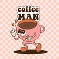 CoffeeMan 80s vintage banner template. Groovy retro cartoon character of enamored coffe cup. Pastel pink mascot with