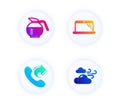 Coffeepot, Share call and Laptop icons set. Windy weather sign. Brewed coffee, Phone support, Computer. Vector