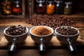 Coffees evolution on rustic wood raw beans, ground, cappuccino three distinct portafilters