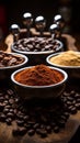 Coffees evolution on rustic wood raw beans, ground, cappuccino three distinct portafilters