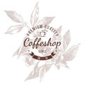 Coffeshop round emblem over hand sketched coffee plant branch