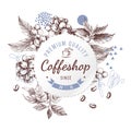 Coffeshop round paper emblem over hand sketched background with coffee plant and beans
