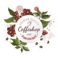 Coffeshop round paper emblem over hand sketched background with coffee plant and beans