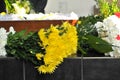 Coffin and a flower-arrang Royalty Free Stock Photo
