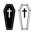 Coffin icons set. Wooden coffin black icon with cross. Coffin isolated symbol