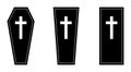 Coffin icons set. Wooden coffin black icon with cross. Coffin isolated symbol