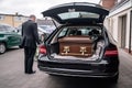 Coffin inside a modern funeral car. Funeral ceremony. Generative AI Royalty Free Stock Photo