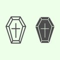 Coffin line and solid icon. Funeral wooden casket with cross outline style pictogram on white background. Halloween