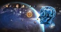 Cog head in space with panets Royalty Free Stock Photo