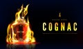 Cognac bottle in fire advertising promo banner Royalty Free Stock Photo