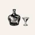 Cognac bottle and glass goblet. Engraved hand drawn vintage sketch. Woodcut style. Vector illustration.