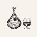 Cognac bottle and glass goblet. Engraved hand drawn vintage sketch. Woodcut style. Vector illustration.