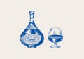 Cognac bottle and glass goblet. Engraved hand drawn vintage sketch. Woodcut style. Vector illustration.