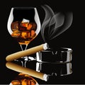 Cognac and cigar with smoke Royalty Free Stock Photo