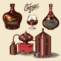 Cognac and glass. Bottles with labels, cigar and cocktail, sweets and farm, chocolate and man. Engraved hand drawn Royalty Free Stock Photo