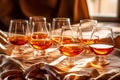 Cognac in glasses on blurred warm interior background