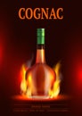 Cognac poster. Whiskey alcoholic drink advertising placard with bottle fire flame and water decent vector template with Royalty Free Stock Photo