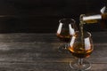 Cognac in two glasses on a dark wooden background Royalty Free Stock Photo