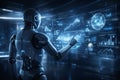 Cognitive Circuitry: AI Robot Analyzing Futuristic Data Streams Royalty Free Stock Photo