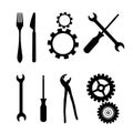 Cogs, Gears, Screwdriver, Pincers, Spanner, Hand Wrench Tools, Knife, Fork Royalty Free Stock Photo