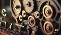 Cogs in the machine. Gears, knobs, cranks, and wheels turning. Moving parts. Clock pieces running like clockwork. Royalty Free Stock Photo