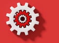 White and red connecting gear cogs inside each other isolated on red background. Planet gear system, 3d render, 3d illustration Royalty Free Stock Photo