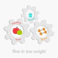 Cogwheel gear set with water, apple, dumbell. Healthy lifestyle concept. How to lose weight Flat design