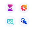 Cogwheel, Search photo and Time icons set. Click here sign. Edit settings, Find image, Clock. Push button. Vector