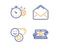 Cogwheel timer, Smile and Mail icons set. Copywriting notebook sign. Vector
