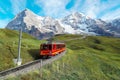 A cogwheel train travels on the railway from Jungfraujoch top of Europe to Kleine Scheidegg on the green grassy hillside