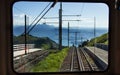 Cogwheel train window view of railway track down Rigi Kulm Station, Lucerne, Switzerland