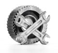 Cogwheel and wrenches isolated on white background. 3D illustration