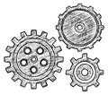 Cogwheels sketch. Mechanical clockwork. Hand drawn gears