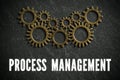 Cogwheels symbolizing complex machinery and the word `process management `