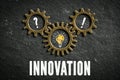 Cogwheels symbolizing a connection of topics and the message `innovation` on slate background