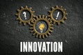 Cogwheels symbolizing a connection of topics and the message `innovation` on slate background