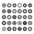 Cogwheels varieties set. Gear industrial components for mechanisms round with numerous teeth and spacers hole tracery